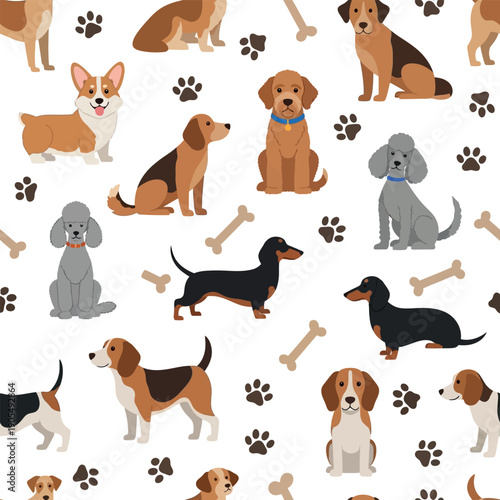 Seamless Flat Style Dog Pattern with Cute Puppies and Pet Illustrations