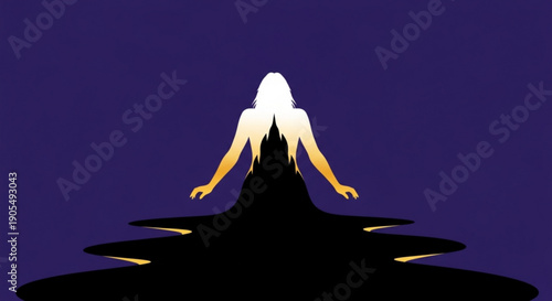 Mysterious Woman with Long Hair Standing in Dark Water against Purple Background