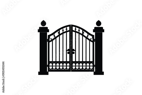 Ornate wrought iron gate silhouette with stone pillars for garden entrance and luxury estate architecture idea