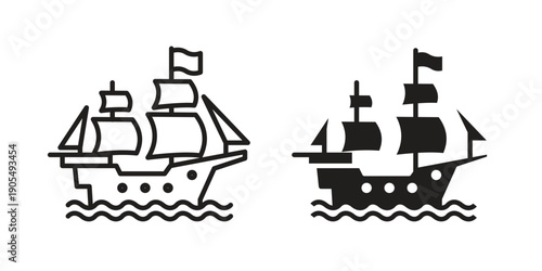 Pirate ship icons in different styles. Simple icon design