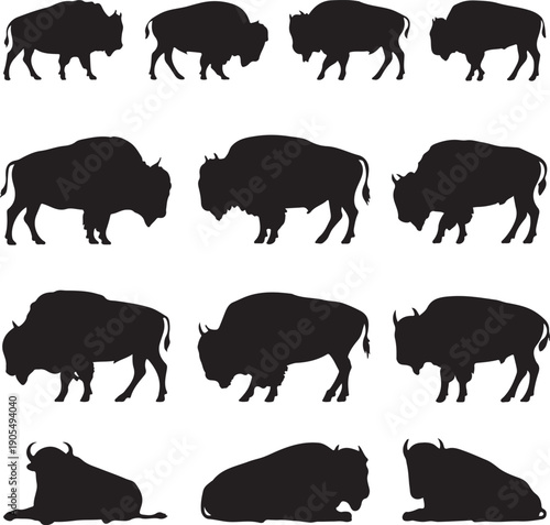black silhouettes of bison in various positions on white background