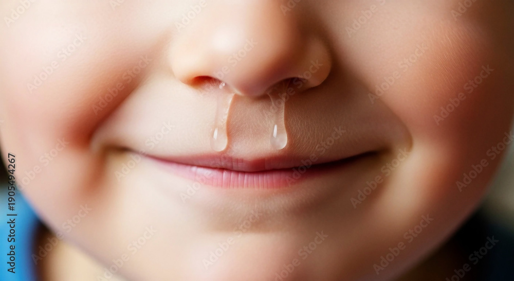Naklejka premium Children's colds and coughs Close up of childs nose with dripping clear mucus image