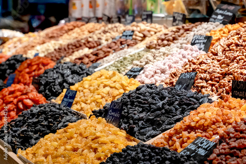Canvas Print Market counter with various assorted dried fruits and nuts
