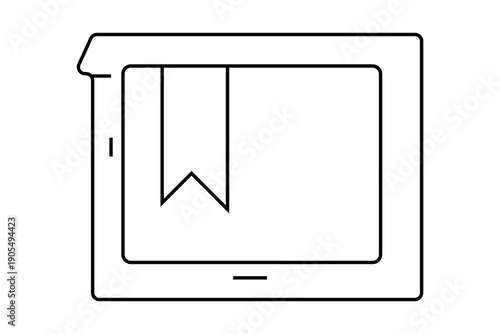 The image features a minimalist outline of a tablet or an e-reader device.