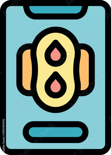 Mobile application interface displaying a sanitary pad with blood drops, symbolizing menstruation tracking and feminine hygiene management