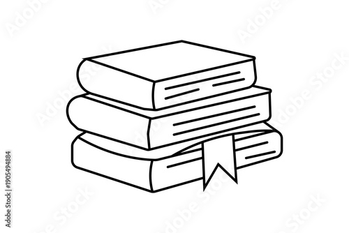 The image is a minimalist line drawing of a stack of three closed books. Like the previous image, it is rendered in black and white with bold, clean outlines on a plain white background.