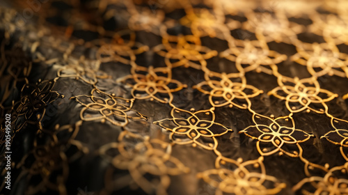 Elegant macro view of luxurious Islamic geometric fabric with golden Ramadan patterns on dark textile. A rich and sophisticated background