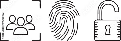 Vector icons of people group, fingerprint, and unlocked padlock, for security or identity concept, isolated on transparent background, png