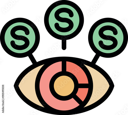 Stylized eye with pie chart pupil visualizing money, representing financial foresight and lucrative prospects