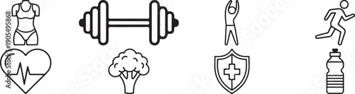 Vector icons for healthy lifestyle, fitness, and wellness, including a dumbbell, broccoli, and shield with a cross, Isolated on transparent background, png