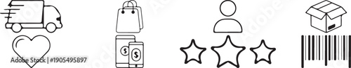 Vector ecommerce icons set including delivery truck, shopping bag, rating stars, user profile, gift box, and barcode, for website or app UI, Isolated on transparent background, png