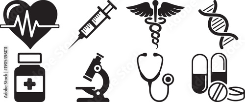 Medical icons set, including heart rate, syringe, caduceus, DNA, medicine bottle, microscope, stethoscope, pills, for healthcare or medical design, Isolated on transparent background, png