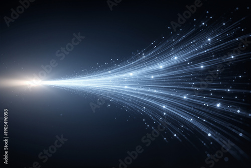 A stream of bright blue light particles and lines radiates from a single bright point against a dark background, creating a dynamic, flowing pattern of illuminated trails.