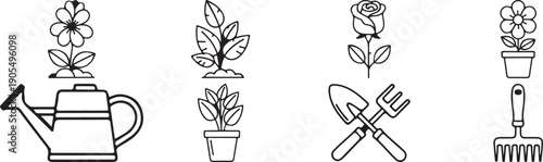 Gardening tools and plants icons, vector illustration for gardening or landscaping design, isolated on transparent background, png