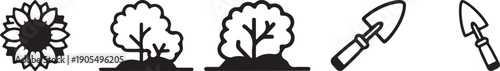 Vector garden icons with sunflower, trees, shovel, and trowel, for gardening or landscaping design, Isolated on transparent background, png