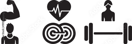 Fitness icons, including flexed arm, heart rate, yoga, puzzle, and dumbbell, for wellness or gym website, banner, or presentation, Isolated on transparent background, png