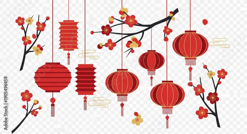 Chinese New Year Red Lanterns and Plum Blossoms Illustration