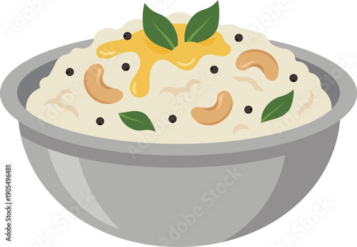 Traditional Ven Pongal South Indian Breakfast Dish in Bowl Vector Illustration