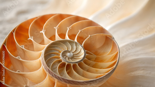 Macro photograph of a spiral-shaped sea shell with intricate natural ridges and warm beige-orange tones. Close-up of spiral sea shell texture with natural pattern 
