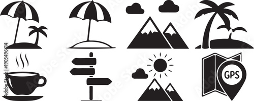 Vector icons of beach, mountain, and navigation symbols, including umbrella, palm tree, signpost, and GPS, Isolated on transparent background, png