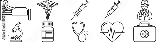 Medical icons set, including hospital bed, caduceus, syringe, microscope, medicine bottle, stethoscop