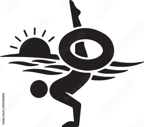 Minimalist silhouette illustration of a person performing a handstand or diving with a swim ring in the ocean during sunset. Creative summer vacation and water sports concept art.