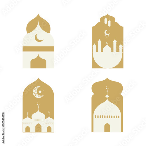 A premium collection of four minimalist Islamic architectural icons featuring a luxurious gold and white color palette. perfect for high-end Ramadan Kareem branding, Eid Mubarak greetings.