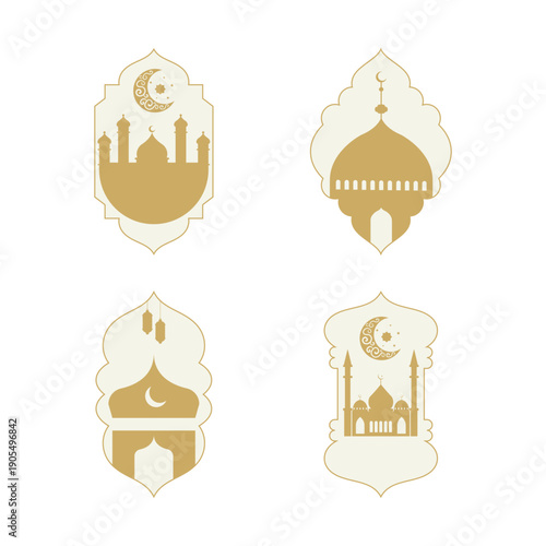 A premium collection of four minimalist Islamic architectural icons featuring a luxurious gold and white color palette. perfect for high-end Ramadan Kareem branding, Eid Mubarak greetings.
