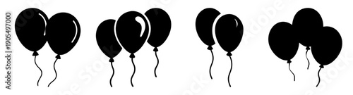 Set of four black balloon vector icons flying isolated on white background minimalist celebration party decoration