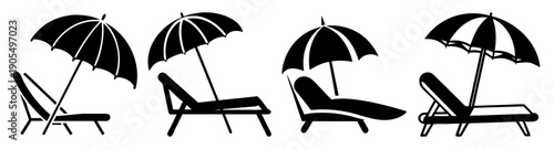 Minimalist beach chair and umbrella vector icons set for summer vacation travel and relaxation design elements