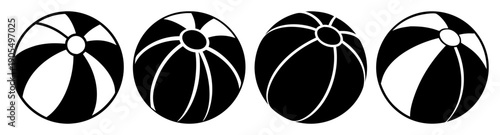 Set of four minimalist black and white beach ball vector icons for summer sports and leisure design elements