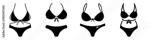 Set of four minimalist black and white bikini vector icons, flat design swimwear illustrations for fashion and beachwear