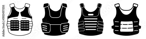 Black bulletproof vest vector icon set isolated on white background for security and protection design