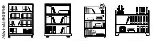 Modern black and white bookshelf vector icon set with books, lamp, and home office essentials isolated