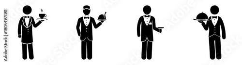 Professional butler vector icons set serving drinks and welcoming guests in minimalist black and white style