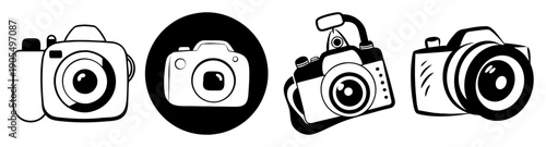 Set of four modern vector camera icons in line art style for photography, technology, and design projects
