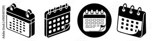 Set of four modern vector calendar icons with date grids and digital clock isolated on white background