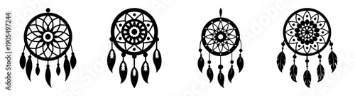 Set of four black and white dreamcatcher vector icons with feathers and beads for spiritual protection and boho decor