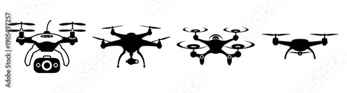Fleet of black drones flying in formation vector icon set for technology, surveillance, and delivery concepts