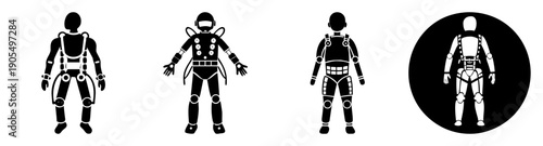 Futuristic exoskeleton suit vector icon set, robotic wearable technology, black and white sci-fi design, minimalist cybernetic enhancement