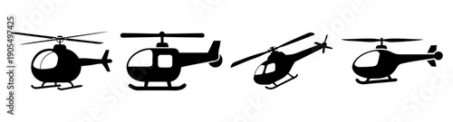 Set of four black helicopter vector icons flying isolated on white background for aviation transport design