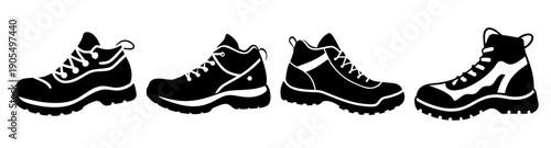 Set of four black hiking boots vector icons isolated on white background for outdoor adventure and travel