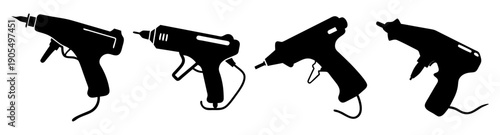Set of four black hot glue guns vector icons isolated on white background for crafting and DIY projects