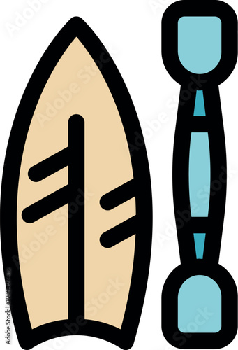 Sup board and paddle for stand up paddling representing water sports and surfing