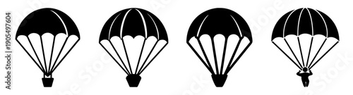 Four black and white parachutes vector icons descending isolated on transparent background for sports adventure travel