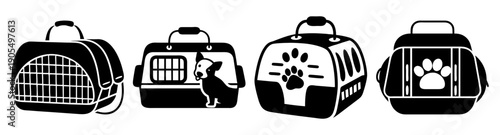 Set of four modern pet travel carriers vector icons isolated on white background for pet care and transportation