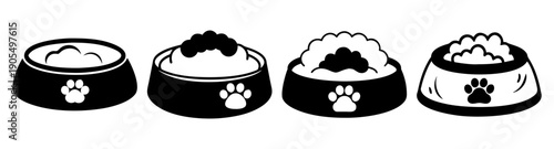 Set of four black and white pet food bowls with paw prints vector icon isolated on transparent background