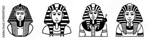 Ancient Egyptian Pharaoh Vector Icons Set, Minimalist Black and White Line Art, Royal Headdress Symbols for History Culture Design