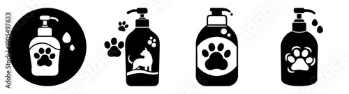 Set of four black and white pet shampoo bottle vector icons with paw prints for grooming and hygiene