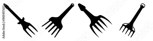 Black minimalist pitchfork vector icon set isolated on white background for farming agriculture tools design